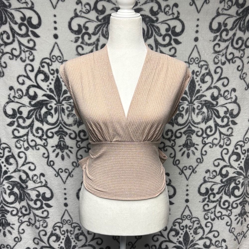 00s Express Womens XS Champagne Metallic Ribbed Surplice Back Tie Sleeveless Top